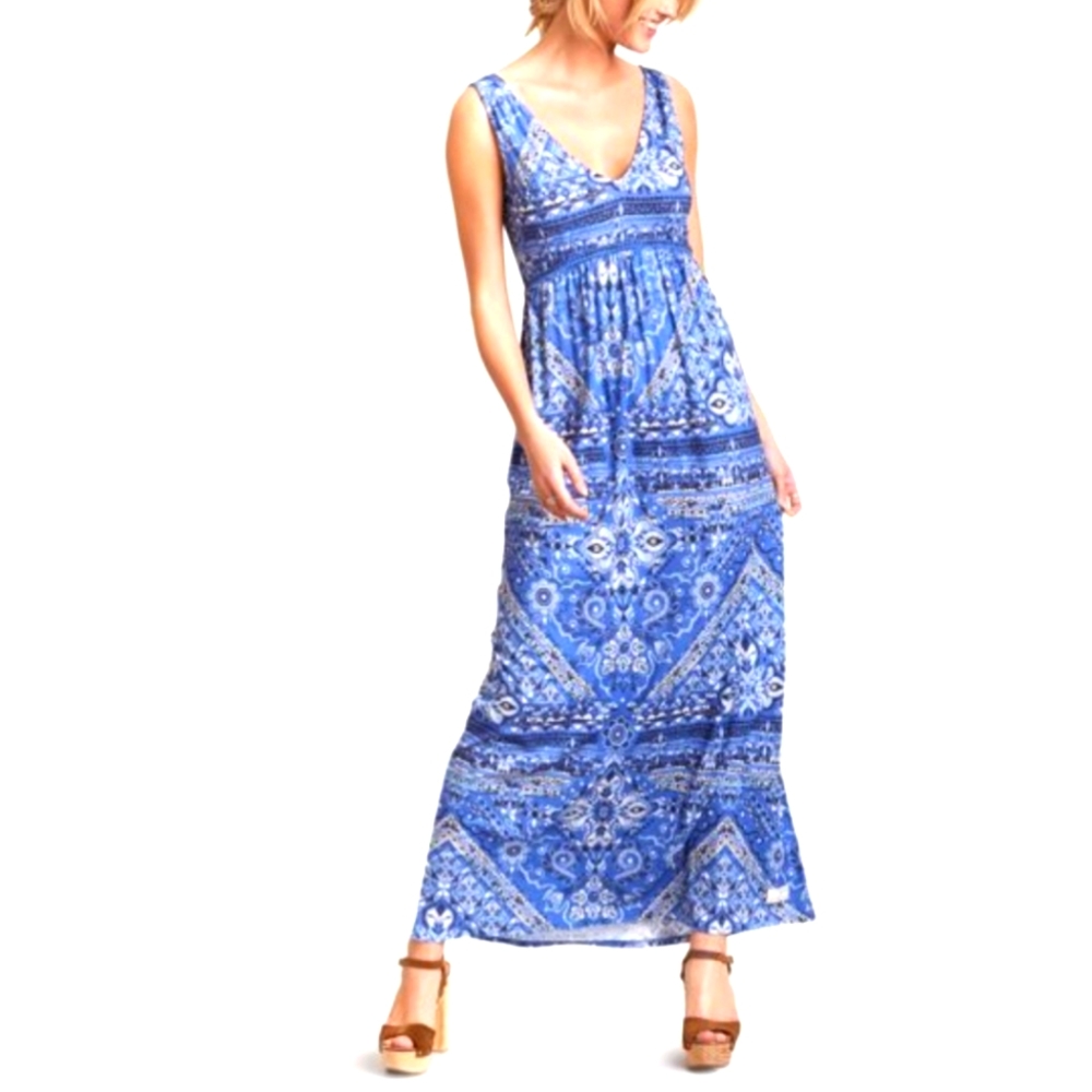 Odd Molly BOHO Playful blue floral backless sleeveless maxi beach sundress Small